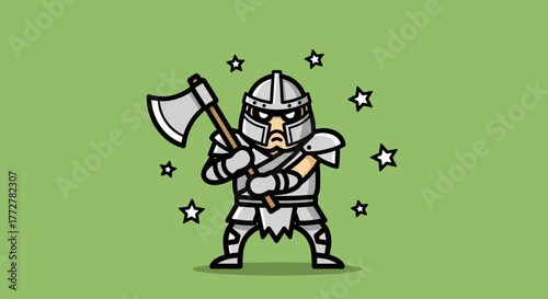 Cartoon warrior character with axe illustration medieval knight ready for battle
