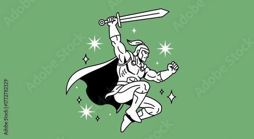 Illustrative portrayal of a muscular warrior wielding a sword amidst shimmering sparkles minimal