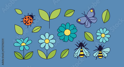 Delightful spring meadow illustration with ladybug butterflies bees and flowers in pastel shades,