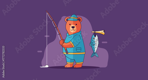 Humorous portrayal of a bear engaged in a fishing trip with whimsical aquatic elements
