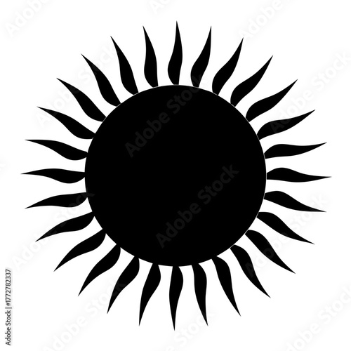 Striking black sun illustration with sharp ray design on a white background