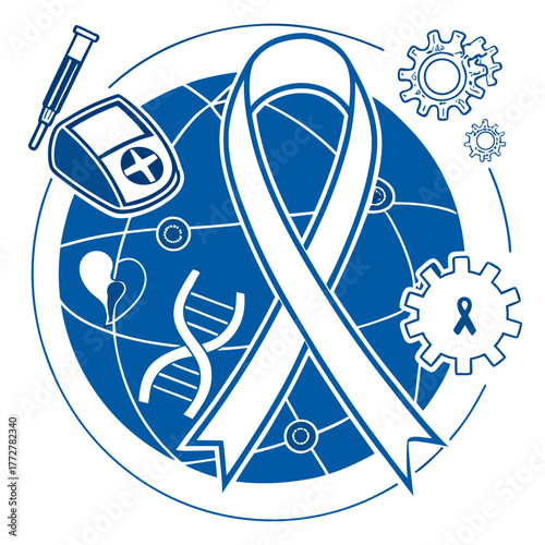 Diabetes Awareness Ribbon with Medical and Scientific Symbols Around the World