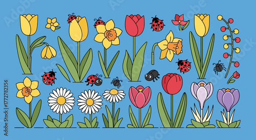 Delightful spring floral arrangement with tulips, daffodils, daisies, and ladybugs illustration