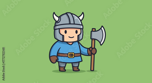 Illustration of a cheerful viking warrior with an axe on a light green background with cartoon