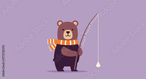A cartoon brown bear with a striped scarf enjoys a day of fishing in pastel setting