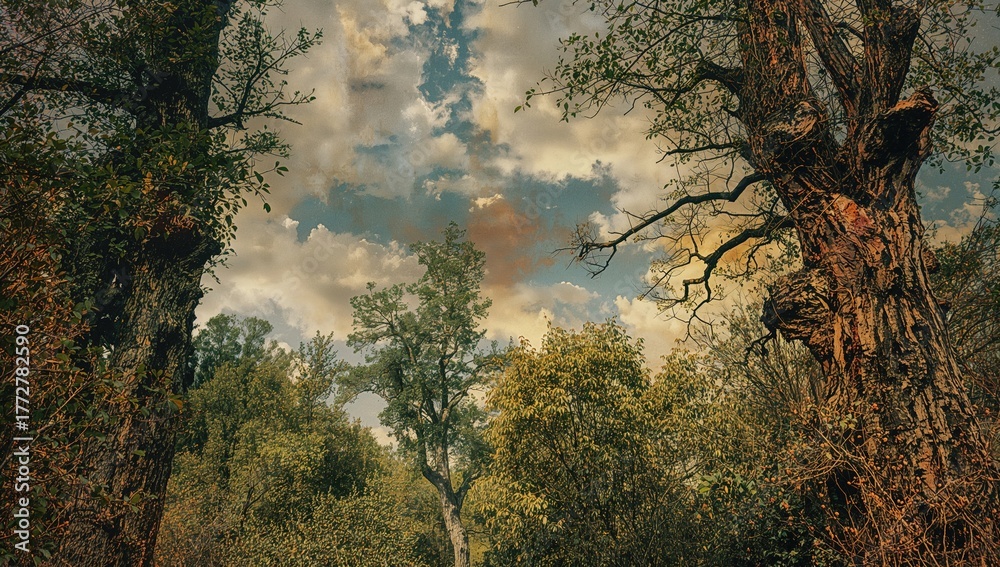 Fototapeta premium Digital collage of a natural landscape featuring tall trees and sky, suitable for editorial backdrop