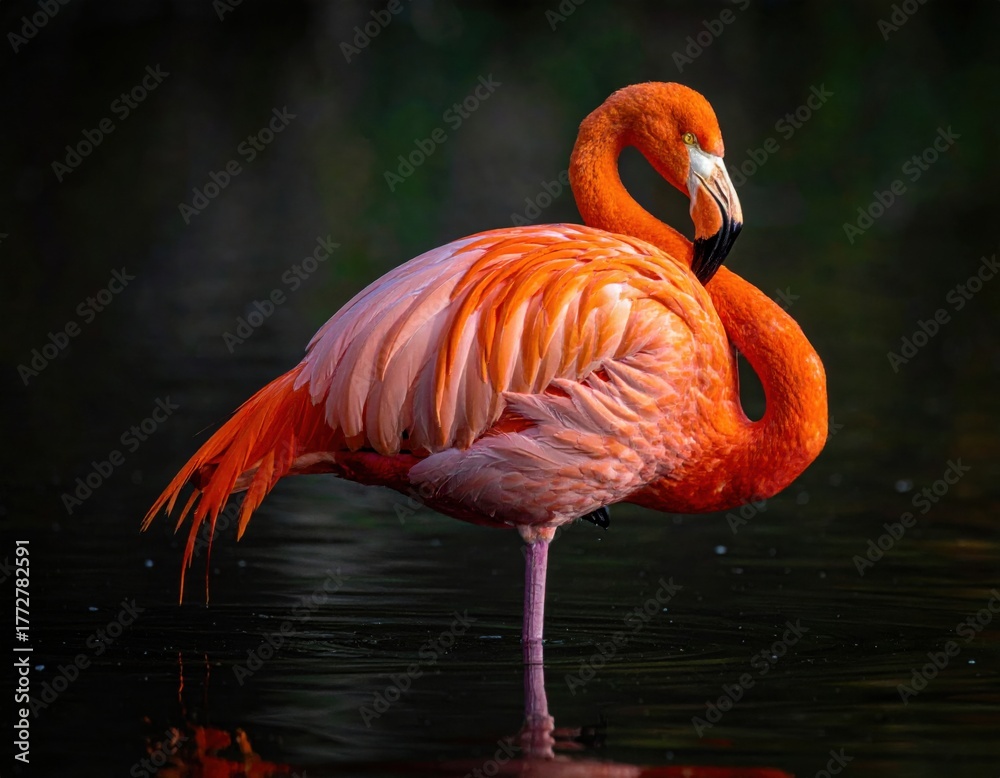Fototapeta premium A vibrant flamingo stands alone in shallow, dark water, its striking orange and pink feathers reflected smoothly on the surface, set against a soft, moody background.
