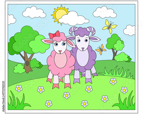 A pair of cute sheep against a landscape background. A sheep and a ram, and butterflies against a meadow with flowers, bushes, and trees – a color vector image for children. A blue sky with clouds 