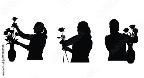 Silhouettes of people holding flowers in vases a classic artistic design