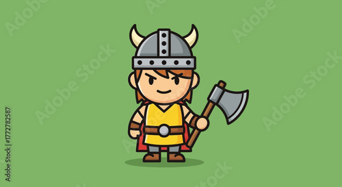 Cartoon Viking Warrior with Axe on Green Background Suitable for Childrens Illustration