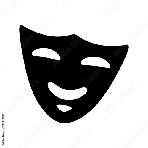 Monochrome theater mask representing comedy and joy on a plain white background