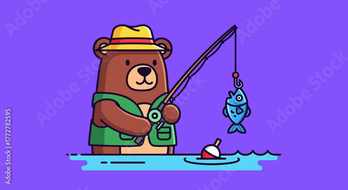 Illustration of a bear in a hat fishing in the water catching a blue fish with a fishing rod
