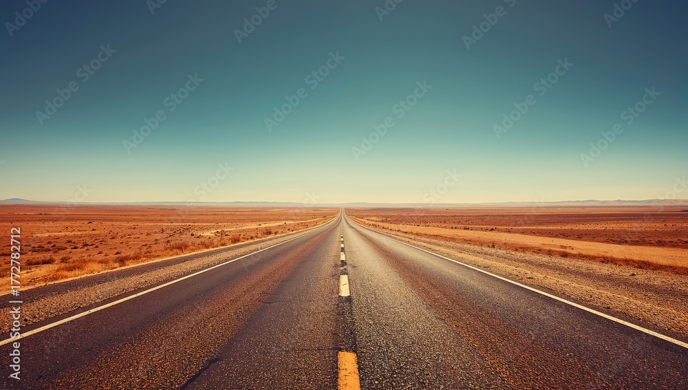 Fototapeta premium The vast highway stretches through endless plains. Image with color filter.