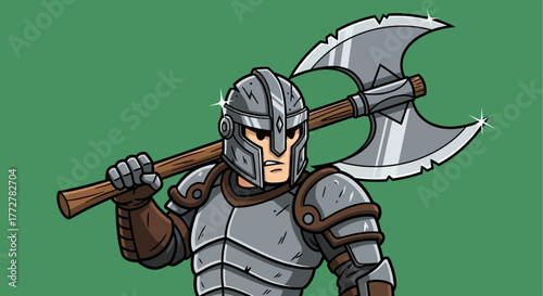 Illustration of a formidable knight with double bladed axe ready for combat adventure
