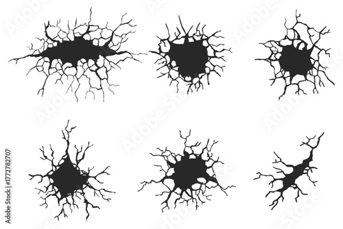 Crack concrete wall texture, floor ground broken effect. Horizontal breaks on land surface. Dry soil. Damaged by earthquake fissure and fracture.