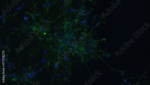 Microscopic view of brain glial cells highlighted with GFAP antibodies in green and DAPI staining in blue for cell nuclei