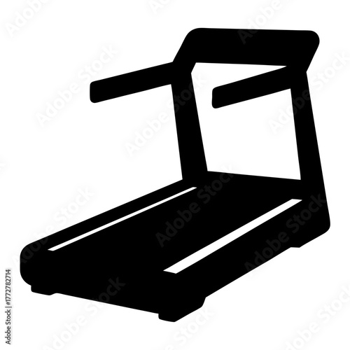 Black silhouette of treadmill exercise machine icon, Minimal black icon of a treadmill, representing indoor fitness equipment used for running, walking, cardio workouts, and gym training.
