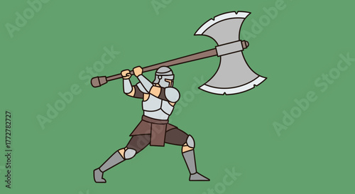 Cartoon warrior figure wielding a giant axe with determination for cartoon animation design