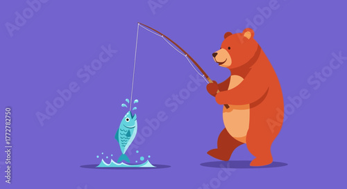 Cartoon bear fishing, creative animation featuring a fish catching, isolated on violet plain