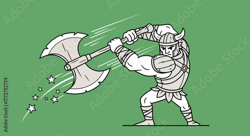 Cartoon warrior brandishing axe with force and power radiating through the graphic