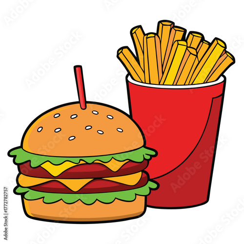 An illustration of various burger and fast-food items