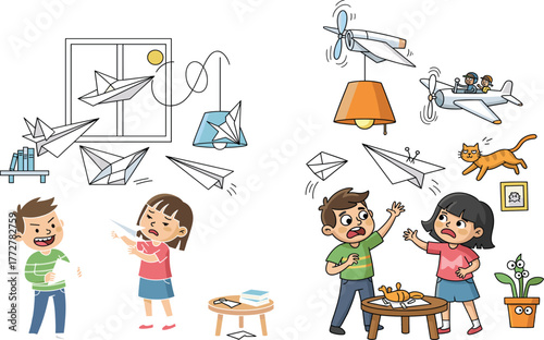 Children throwing paper airplanes indoors, funny sibling chaos, playful cartoon kids, creative mischief, home activity, vector illustration for stock.