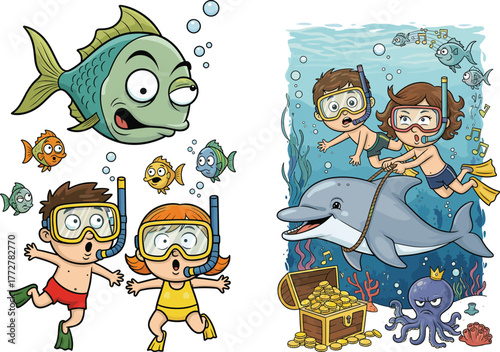 Children snorkeling underwater, riding dolphin, exploring ocean life, cartoon marine adventure, treasure hunt scene, colorful vector illustration for stock.