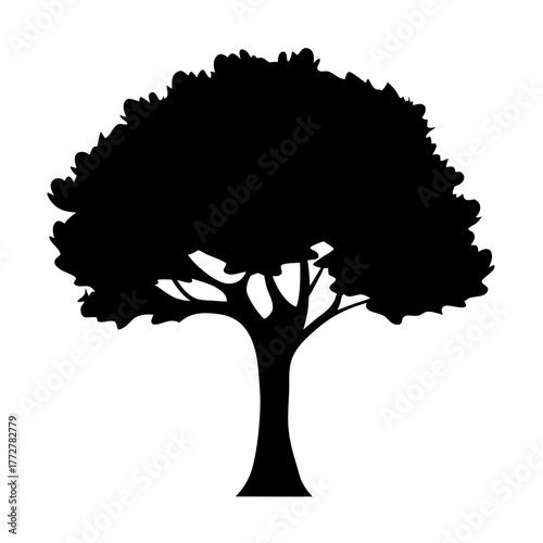 Silhouette of a broad leafy tree against a white background landscape