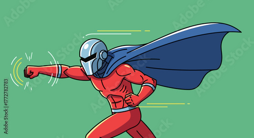 Dynamic superhero action sequence with retro futuristic helmet and vibrant cape flair