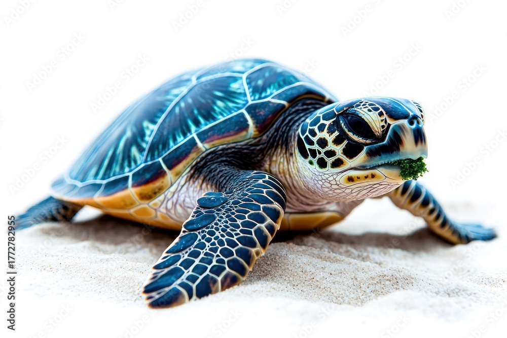 Fototapeta premium Sea turtle on sand, eating algae. Patterned shell. Turquoise and tan coloration