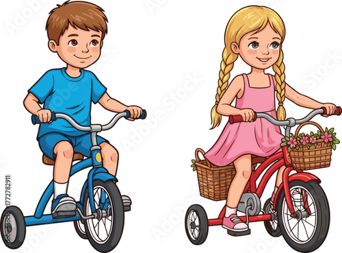 Two cartoon children riding colorful tricycles with happy expressions, showcasing playful outdoor activity and transportation in vector illustration style