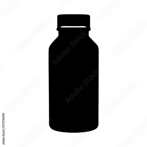 Silhouette of a Black Plastic Bottle with a TightFitting Cap on White