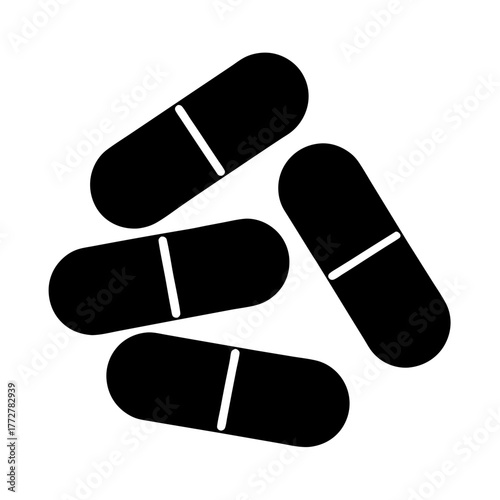 Minimalistic illustration of four black pill capsules, isolated on white background
