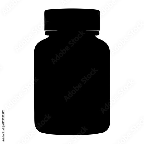 Black silhouette of supplement or pill bottle icon, Simple black icon of a plastic container with a screw cap, commonly used for vitamins, supplements, medicine, or pharmacy products.
