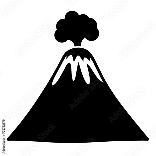 Black and white volcano erupting with smoke cloud from the mountain