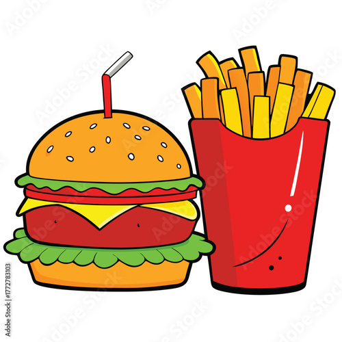 An illustration of various burger and fast-food items