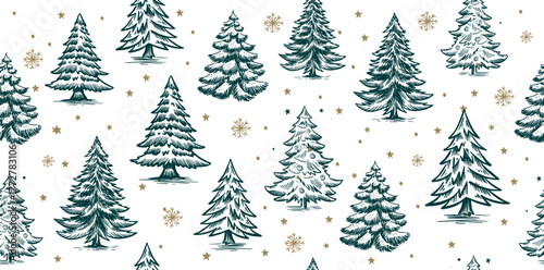 Christmas pattern with tree green on white, hand drawn illustrations	
