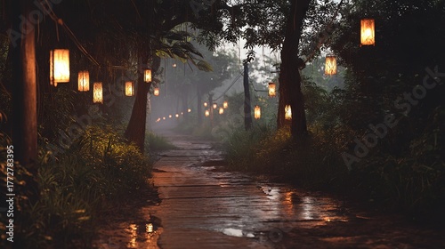 Peaceful rural village path lit with small lanterns on rainy evening creating warm atmosphere