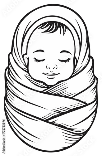 Serene line art illustration of a peacefully sleeping infant baby swaddled in a cozy blanket