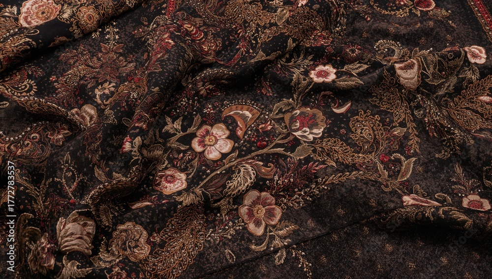 Naklejka premium Decorative embroidery floral design on dark fabric, suitable for trendy women’s fashion apparel
