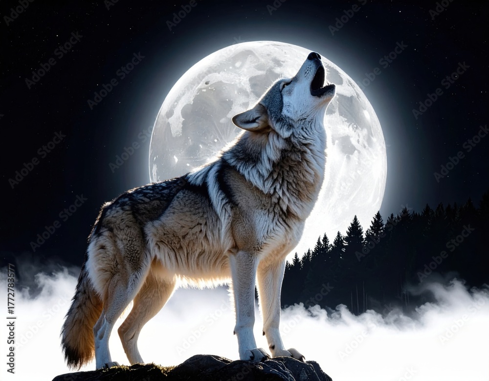 Naklejka premium Wolf howling at full moon against starry night sky with misty forest silhouette in dramatic wilderness scene