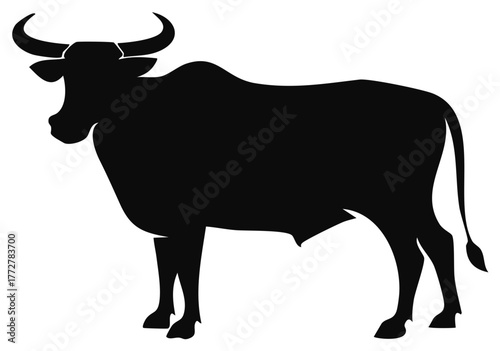 Black Silhouette of an Ox with Horns Standing Profile Bovine Creature Farm Animal Outline Style Graphic Design Element