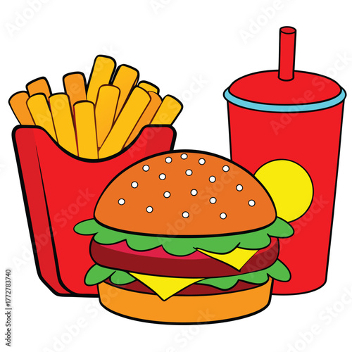 An illustration of various burger and fast-food items