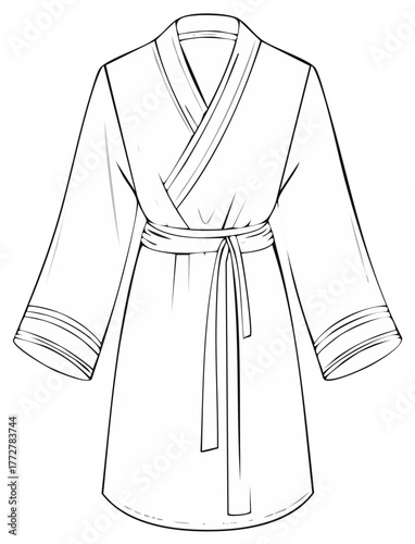 Vector Illustration of Kimono Style Robe with Tie Belt and Wide Sleeves Technical Flat Sketch