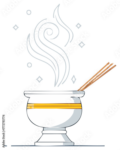 White and gold incense burner with smoking sticks creating aromatic vapor for meditation relaxation