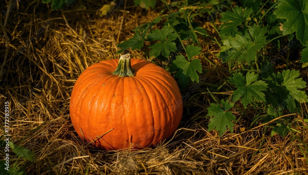 Fototapeta premium Close-up of a pumpkin resting on straw during the autumn festival in a pumpkin field