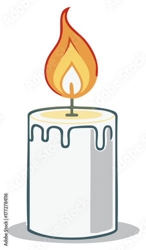 Illustration of a white candle with a bright orange flame on the wick, with wax drips