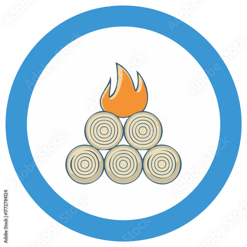Campfire with stacked logs inside a blue circle on a white background