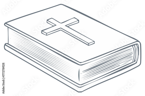Detailed line drawing of a closed religious book adorned with a prominent cross symbol