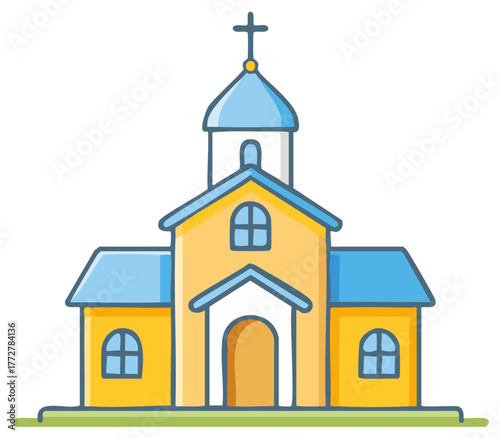 Cartoon church building with a blue roof and yellow walls featuring a cross